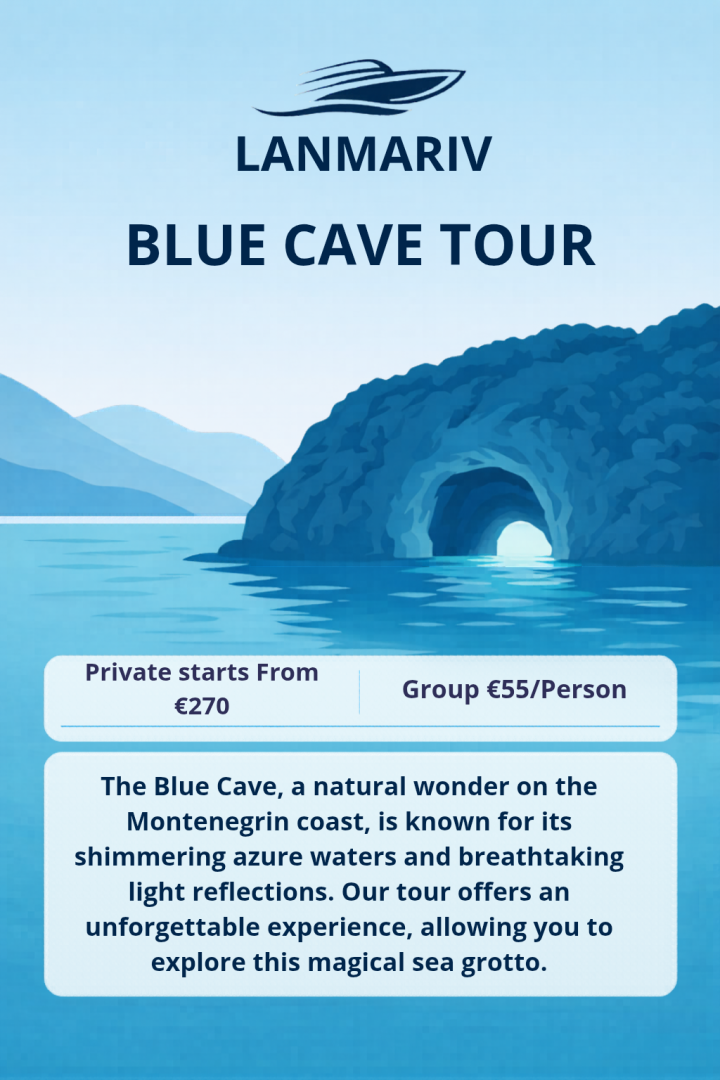 An image depicting the Blue Cave & Coastal Tour — turquoise glowing water inside Montenegro’s Blue Cave